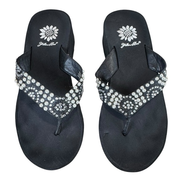 Yellow Box Black Rhinestone Pearl Platform Flip-Flops Size 6 EUC - Picture 2 of 7
